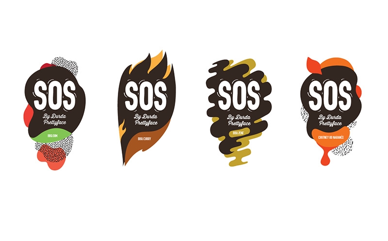 調(diào)味品包裝設(shè)計四種不同的酸甜口味——燒烤粉、燒烤咖喱醬、燒烤芥末醬和酸辣粉